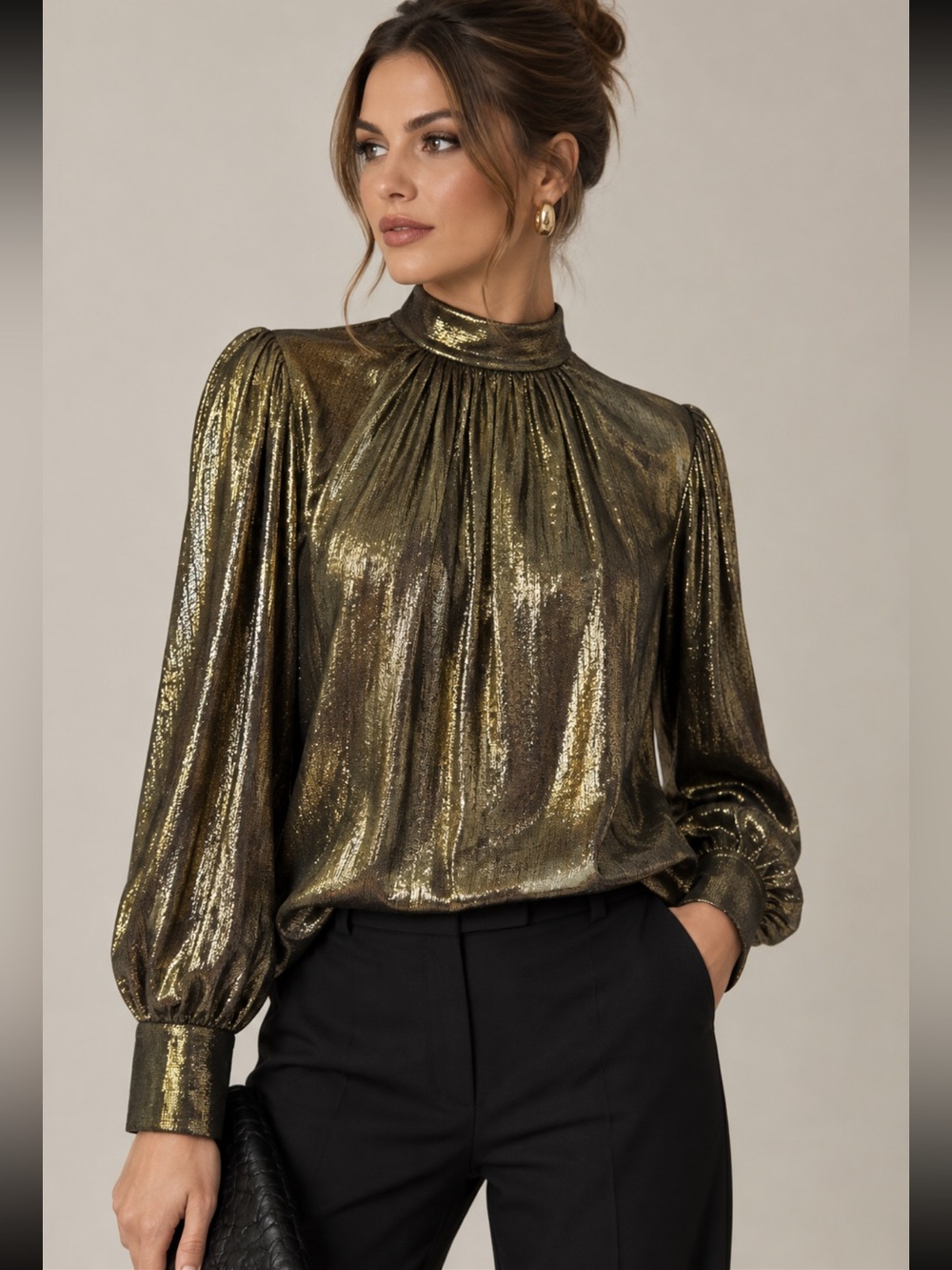 A.L.C. Lydia Blouse Black Gold Metallic Silk Mock Neck Holiday Party Glam Size 8